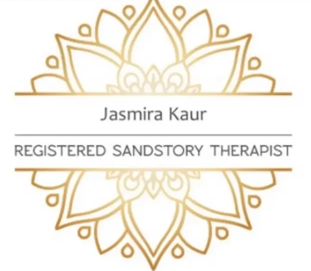 Registered sandstory therapist mandala-style logo with the name Jasmira Kaur.
